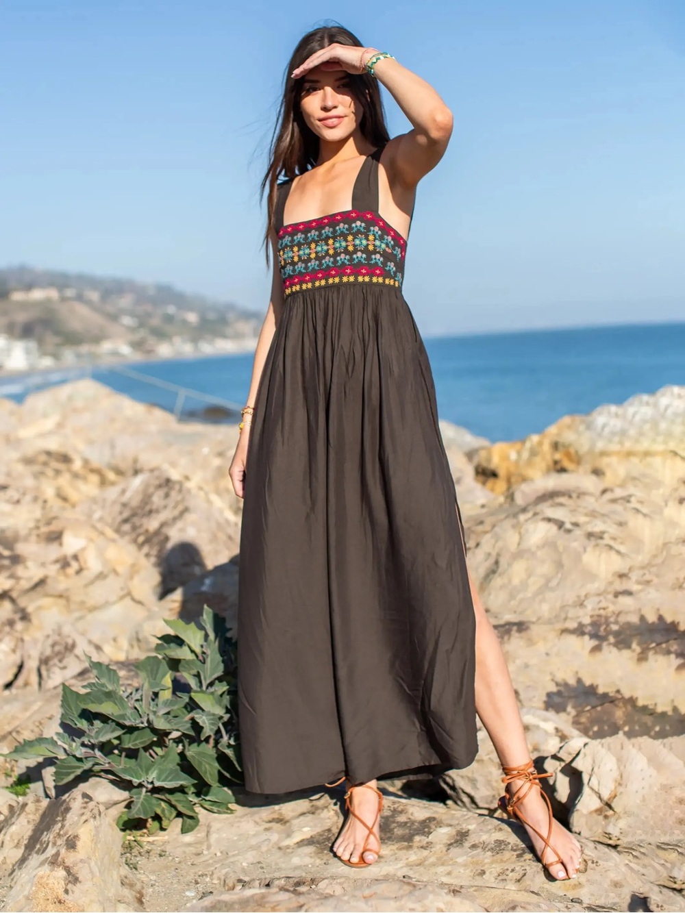 NATURAL LIFE Black Maxi Dress with Multicolor Embroidered Bodice